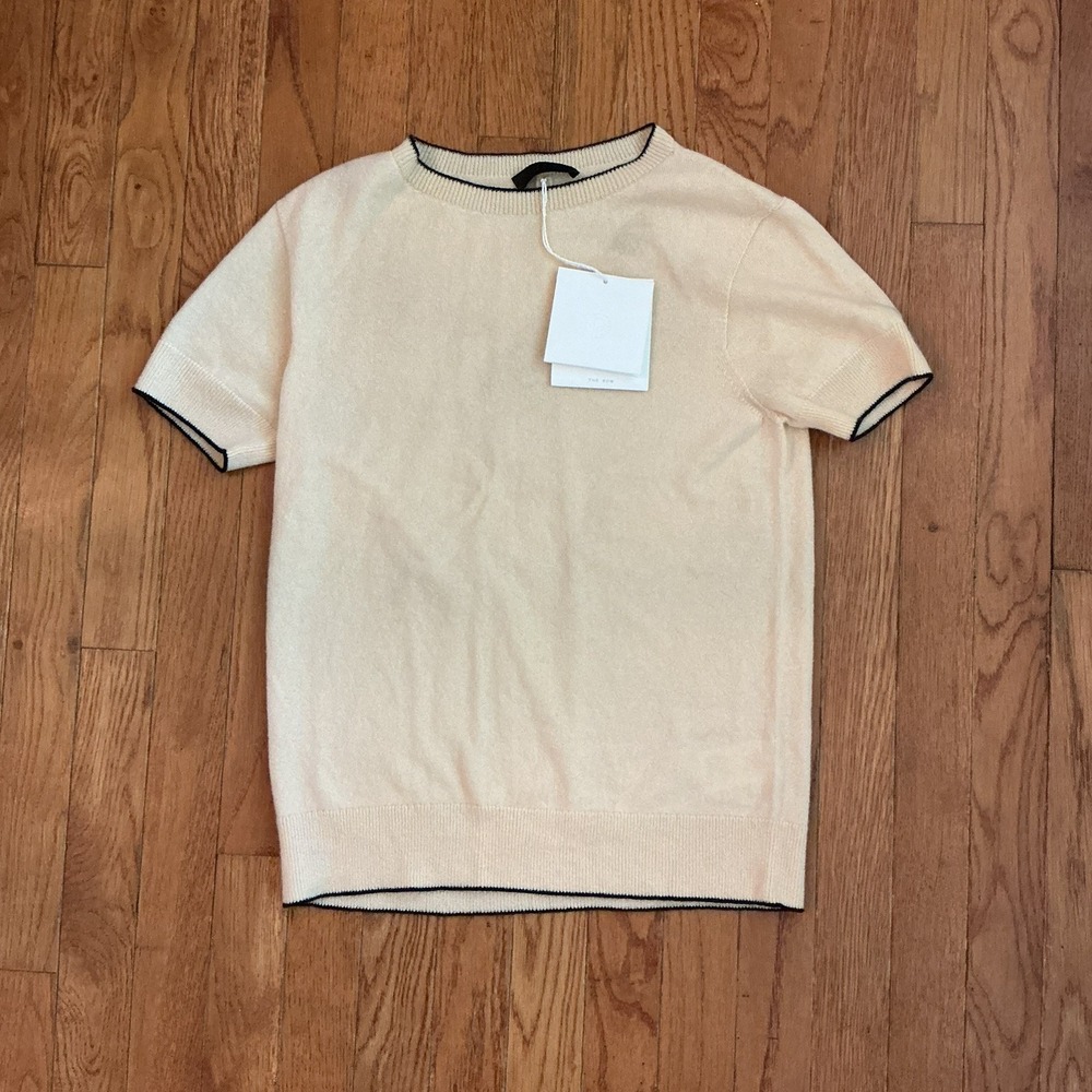 THE ROW Womens Brooke Top Cashmere Crewneck Short Sleeve cream/Navy Size L